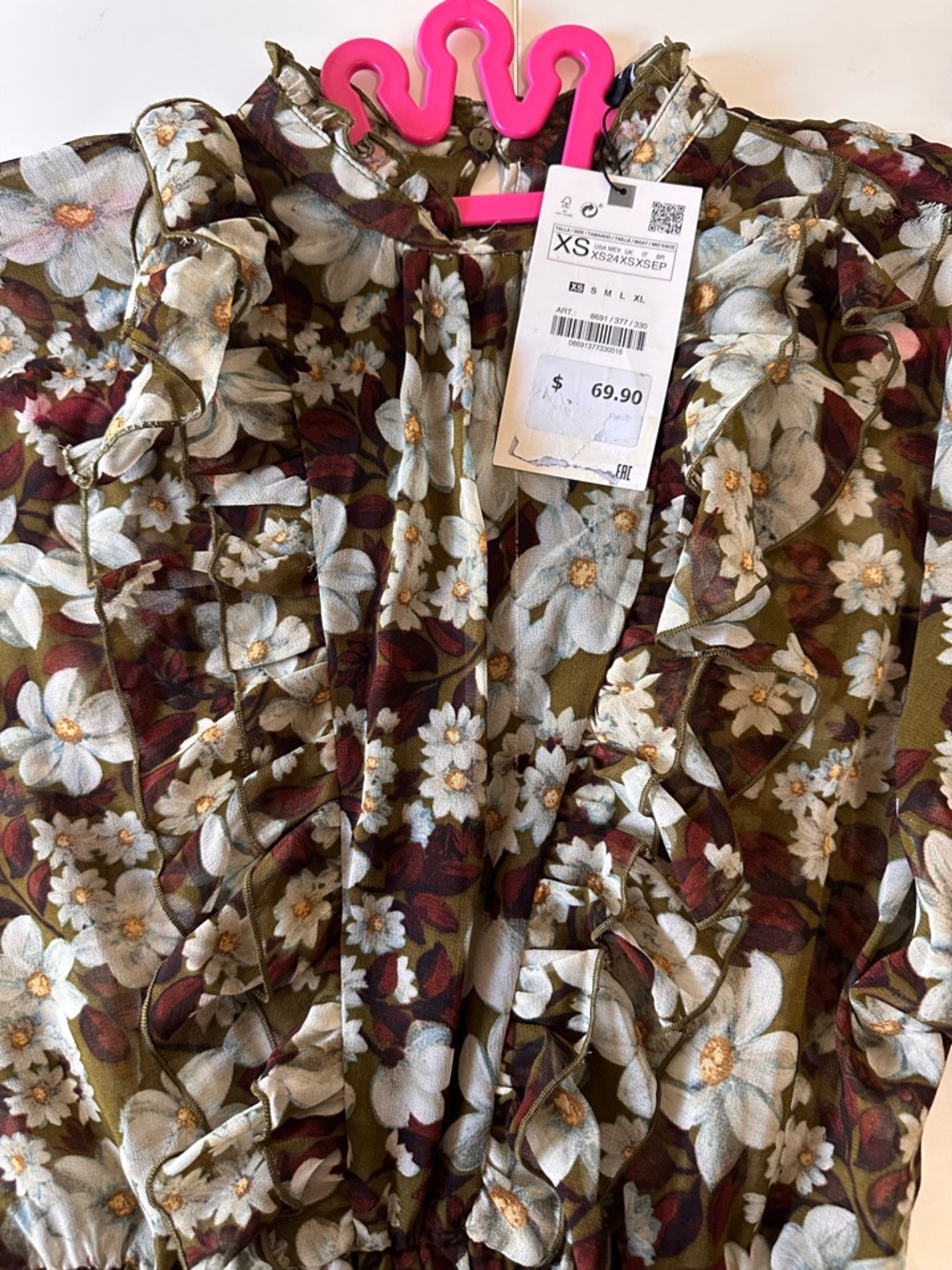 Zara Olive Green Floral Ruffle Long Sleeve Dress